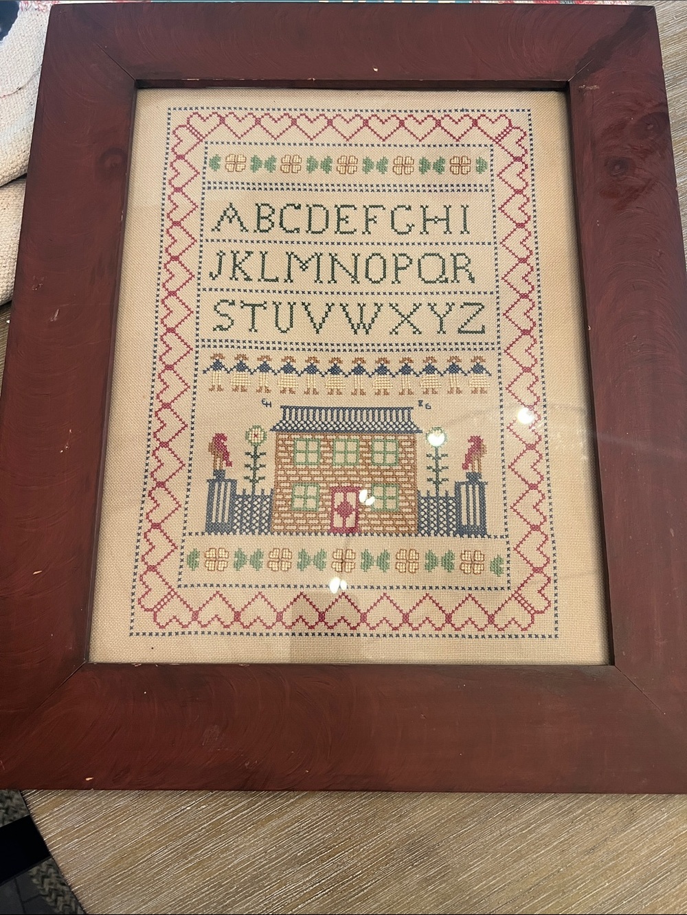 Vintage Handmade Counted Cross-Stitch Alphabet Sampler Dark Red/Brown Wood Frame